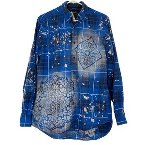 Upcycled Flannel Shirt Mens Size Small Medium Boho Stencil Bleached Handmade